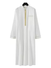 Luxury White Men’s Thobe – Long Sleeve, Embroidered Stand Collar